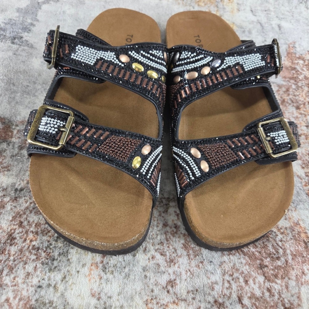 Torrid Beaded Double Buckle Cork Slide Sandals Womens 7.5WW Black Boho Festival - Picture 3 of 13